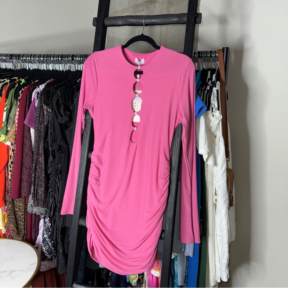 Oh Polly Ruched Cutout Embellished Long Sleeve Bodycon Mini Dress in Hot Pink - Picture 3 of 13